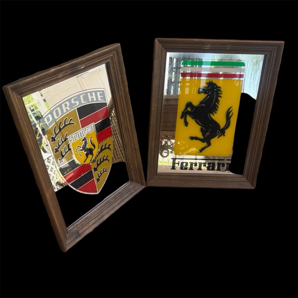 VTG Logo Porsche Stuttgart & Ferrari Cavallino Wood Framed Mirrors 14"x 10"